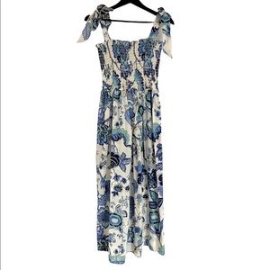 45) Ivory & Blue Boho Floral Maxi Tie Shoulder Dress Size Large NWOT